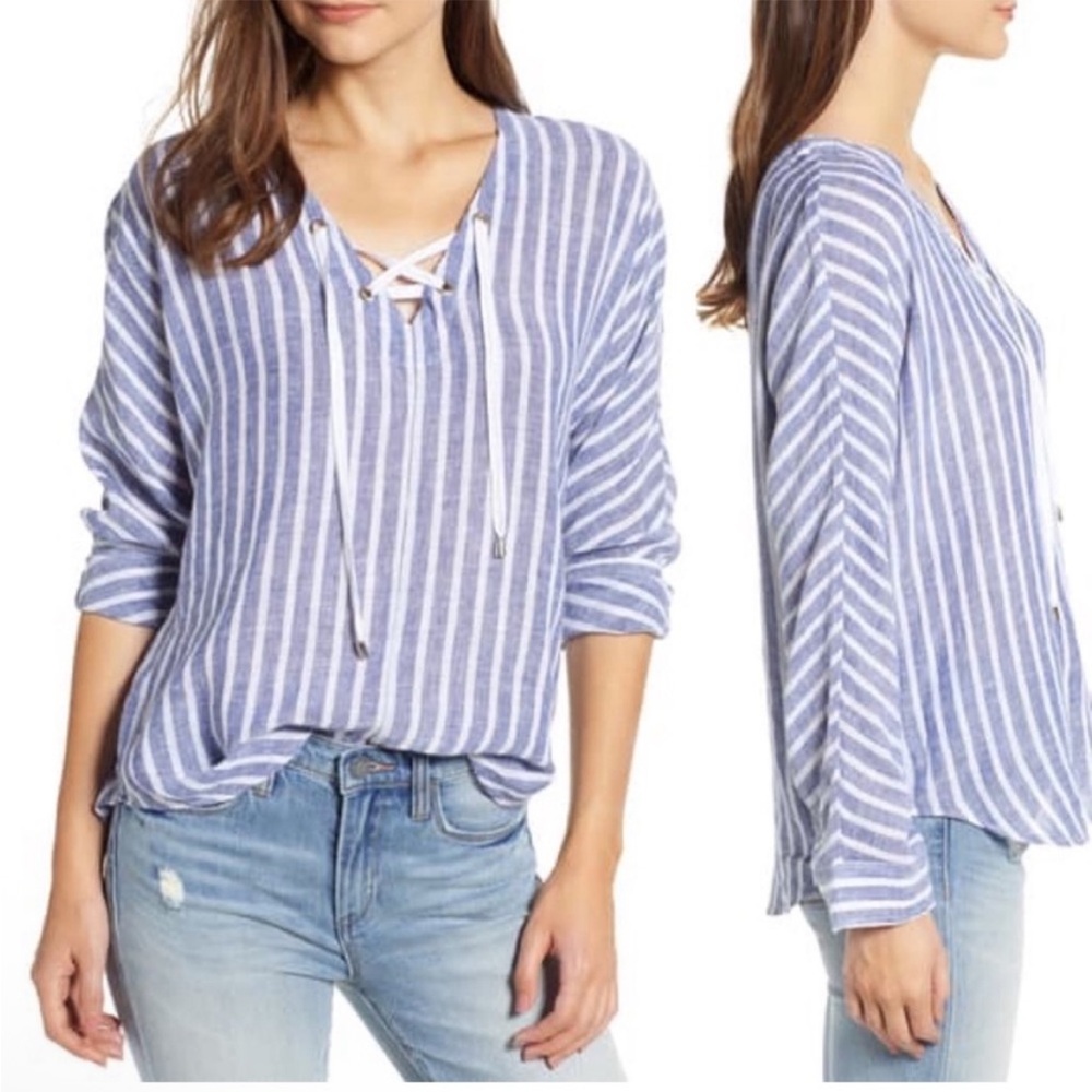 Rails Lily Linen Blend Striped Top Size S In Parisian Blue